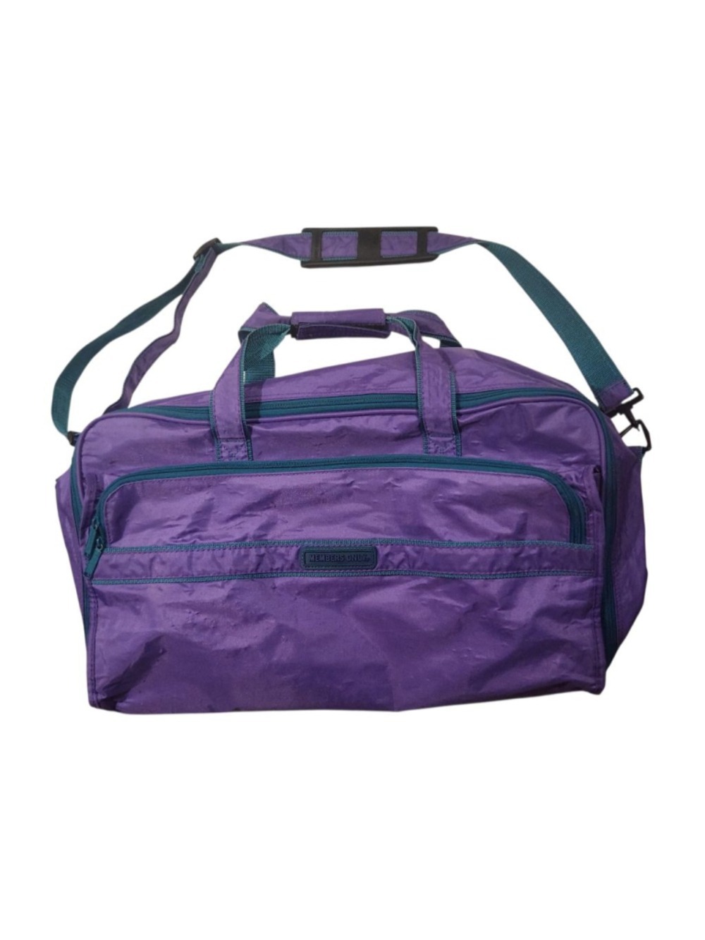 Vintage Members Only Purple & Teal Travel Bag w/ Strap, 20"W x 12.5"H x 7.5"